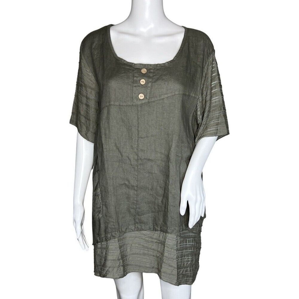 Tempo Paris Shirt Womens Small Green Linen Tunic Top Neutral Basic Lagenlook